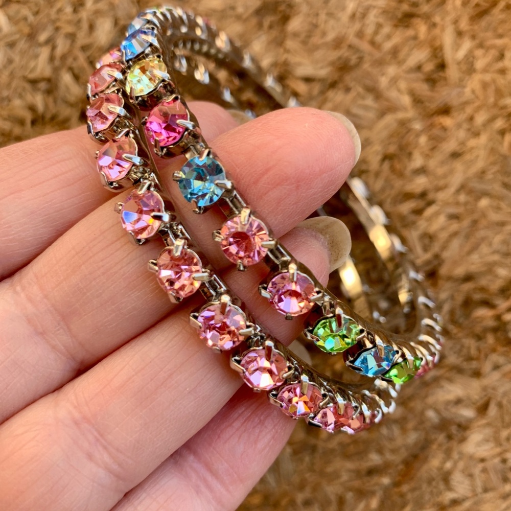 Two SZ LG Rhinestone Bangles Pink & Multicolor NEW - Picture 2 of 8